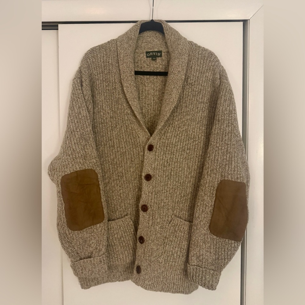 Orvis Men's Shawl Collar Cardigan in Heathered Taupe with Brown Elbow Patches